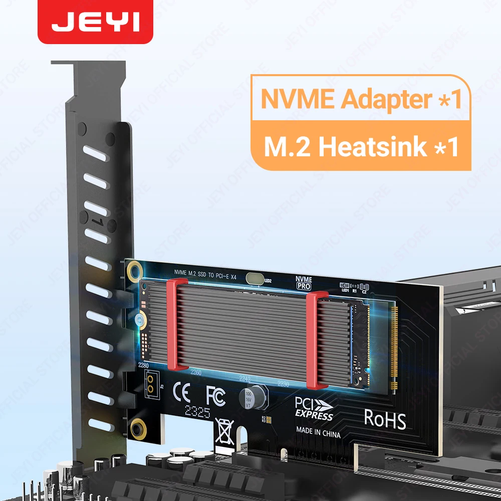 JEYI M.2 PCIe to NVMe Adapter with Aluminum Heatsink, 64Gbps PCIe4.0 X4 Gen4 NVMe M.2 Expansion Card, 2230/2242/2260/2280 M-key