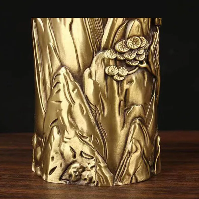 Brass Tiger Roaring Mountain River Holder, Home and Office Decorative Pen Stand, Gift Ornament