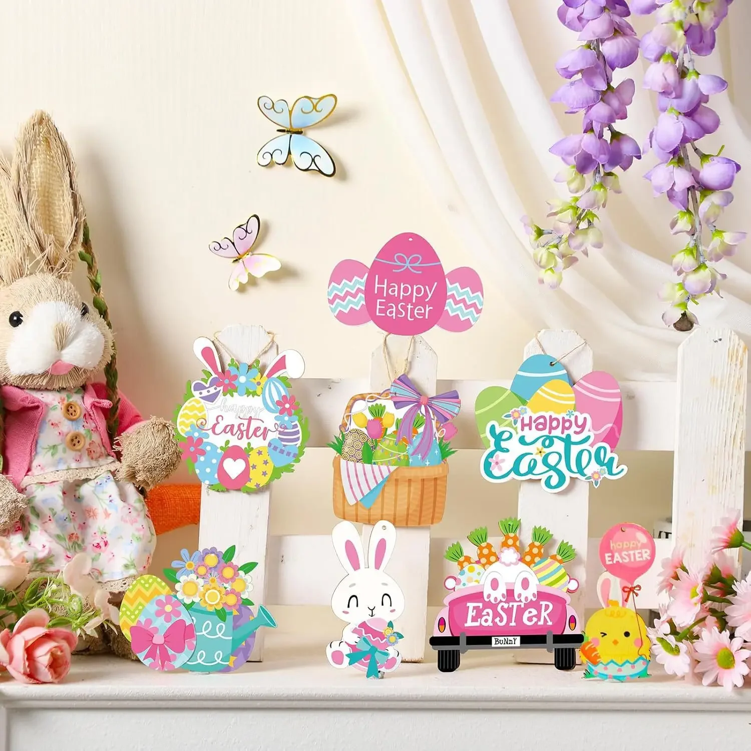 1200pcs Easter Wooden Jewelry Spring Decoration Wooden Pendant Egg Dwarf Rabbit Cartoon Woodchip House Party Printing on fine