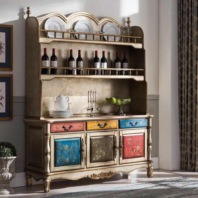 

American solid wood dining side cabinet European painted carved wine cabinet Household restaurant tea cabinet Villa entrance