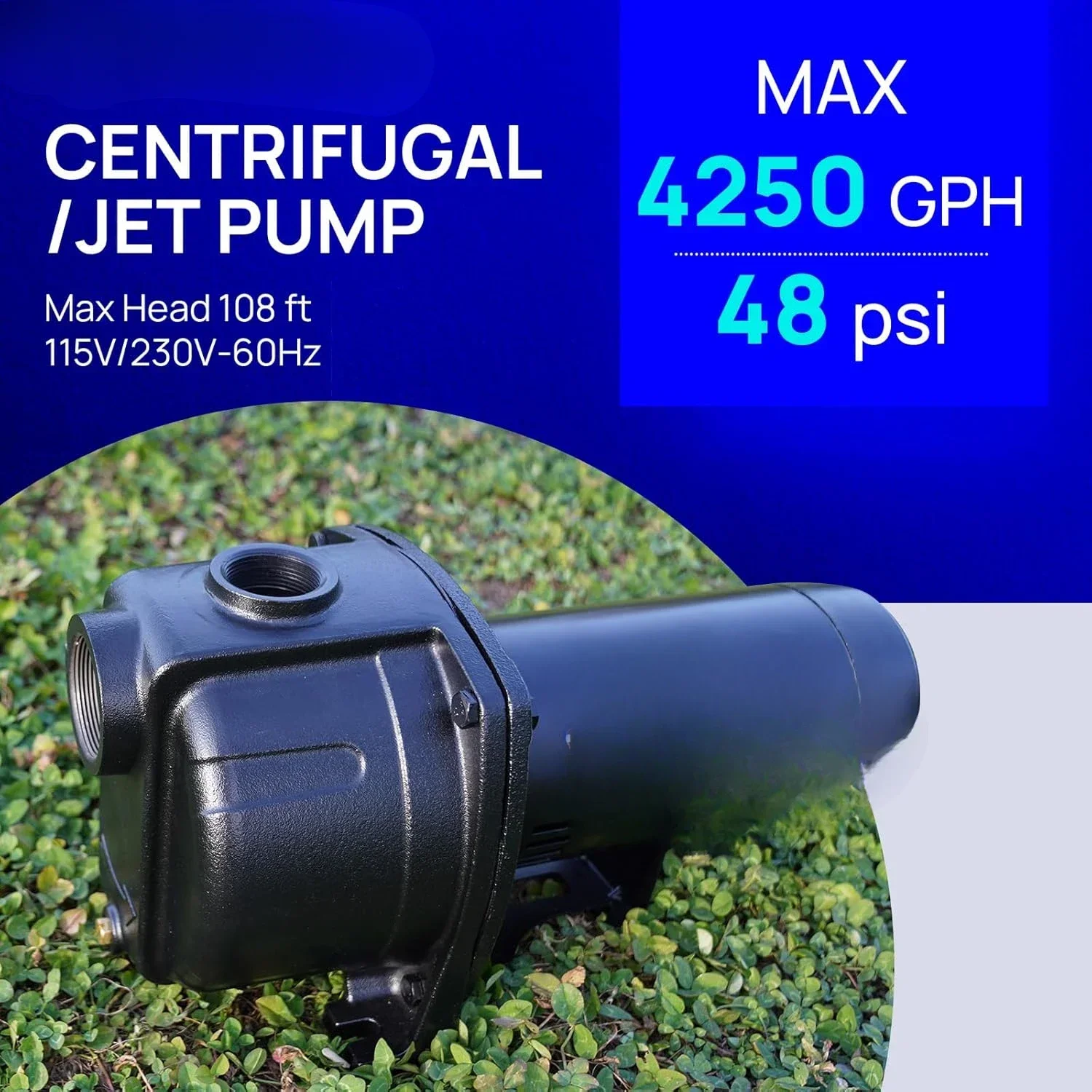 

1.5 Centrifugal/Jet Pump, 4250 GPH, 115/230V, Durable Cast Iron Pump for Lawn Sprinkler and Irrigation