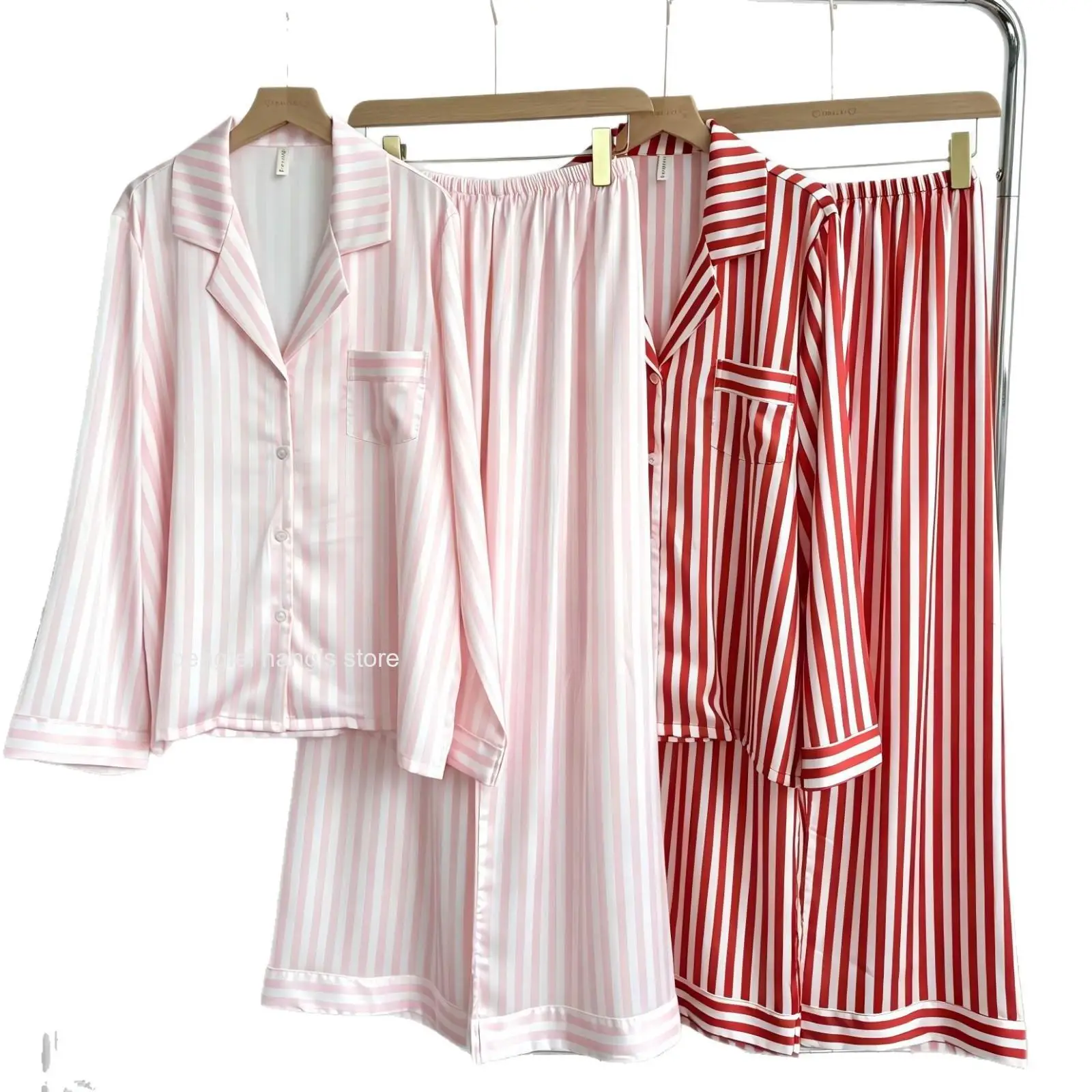 Women Spring Autumn Striped Ice Silk Pajama Set Lapel Collar Cardigan Long Sleeve Long Pants Loose Korean Style Homewear 5