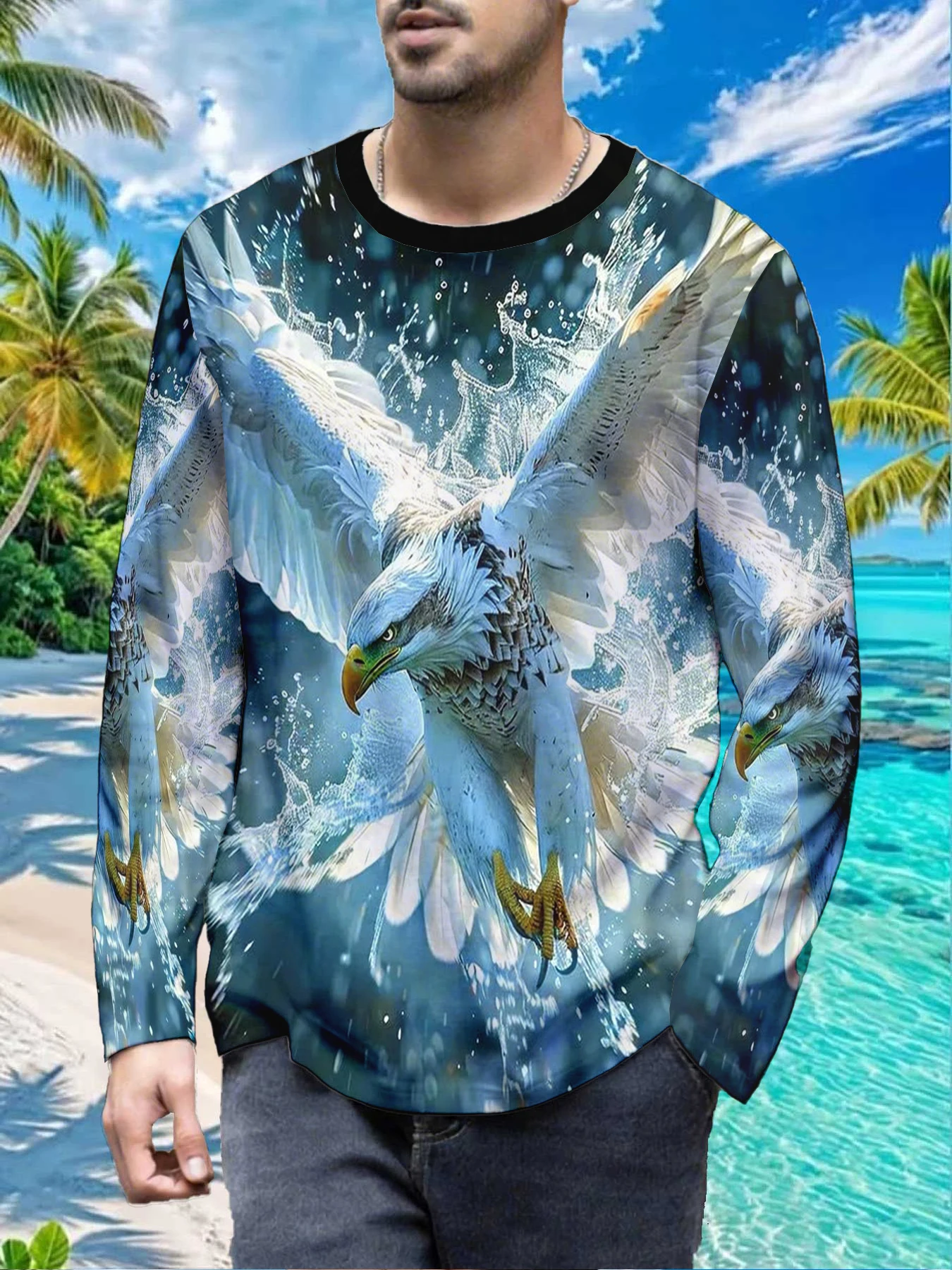 Wild Eagle Water Splash Outdoor Mens Polyester Long Sleeve T Shirt Majestic Flying Bird Print Graphic Tee Casual Streetwear Natu