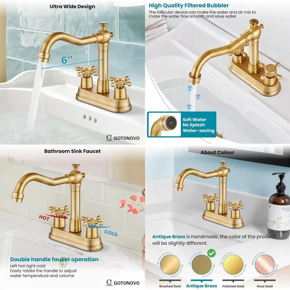 

Латунный смеситель для раковины в винтажном стиле с центральной установкой и двойными крестообразными ручками, монтируемый на палубе, в комплект входит водяной шланг, подходит для 6-12 дюймов.