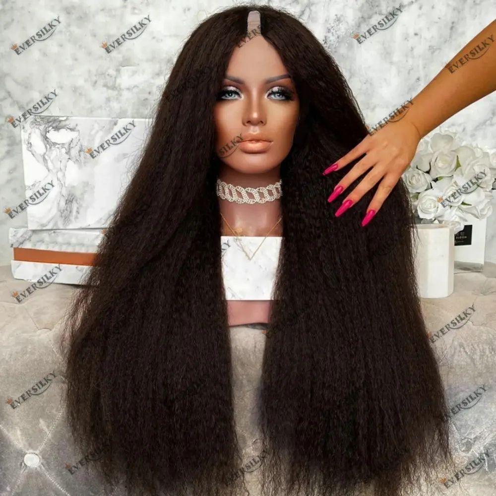 

Black Women 200 Density Long Yaki Kinky Straight Human Hair With Clips&Combs Brazilian Remy Hair Glueless 1x4 Size U Part Wig