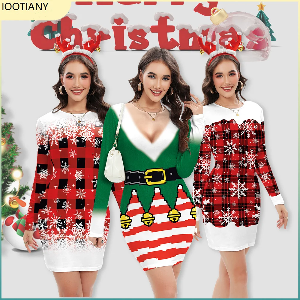 

IOOTIANY Women Sexy Snowflake Plaid Print Hip Dress Christmas Casual O-neck A-line Dresses Holiday Party Christmas Element Gifts