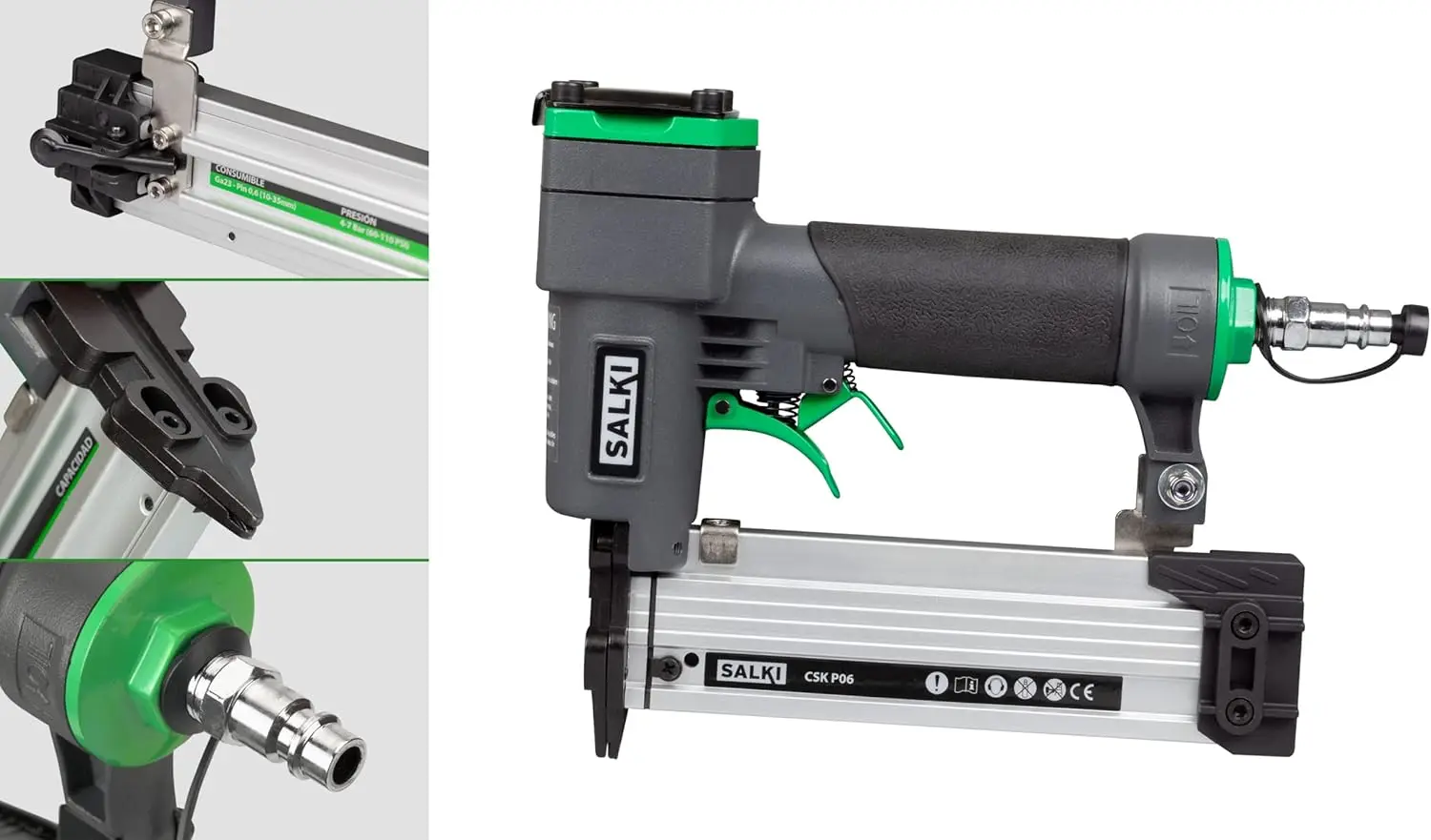 حزمة SALKI Clavadora CSK P06 + نفطة SALKI Pin 0,6 15mm y 30mm B Pistola de Clavos Neumatici Grapadora para trabajo d
