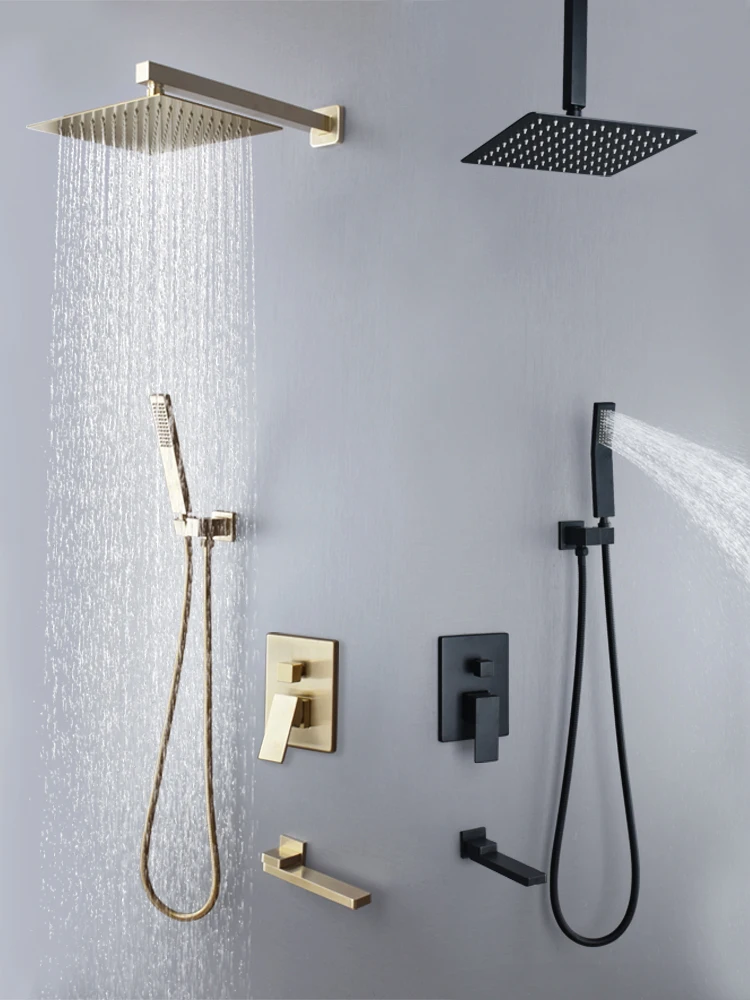 

Brushed Gold Bathroom Shower Set Square Rainfall Shower Faucet Wall or Ceiling Wall Mounted Shower Mixer 8-12" Shower Head