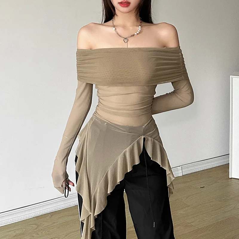 

Женская облегающая футболка Street Sle Long Sve Pure Color Faion на одно плечо из полиэстера, дизайн Bal, осенняя одежда...