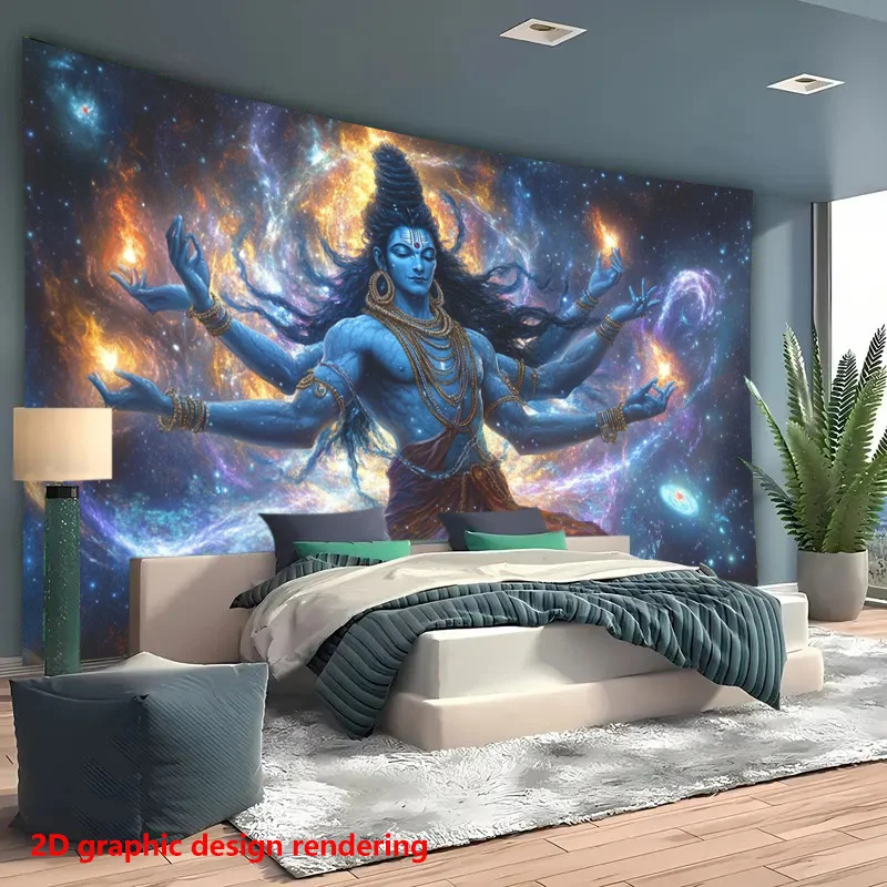 Hindu God Vishnu Tapestry, Cosmic Galaxy Divine Deity Mystical Scenery Print Wall Cloth, Spiritual Decor For Meditation Room