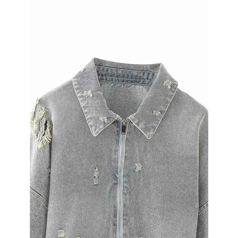 ABRT – Jaqueta jeans feminina desfiada com manga morcego e gola virada para baixo – Casacos de algodão grosso para outono e inverno
