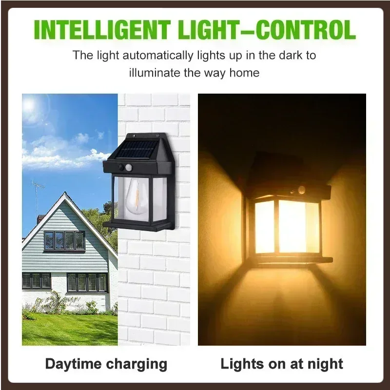 새로운 야외 태양 빛 IPX65 방수 텅스텐 필라멘트 램프 3M PIR 모션 센서 LED 태양 램프 안뜰 정원 벽 조명