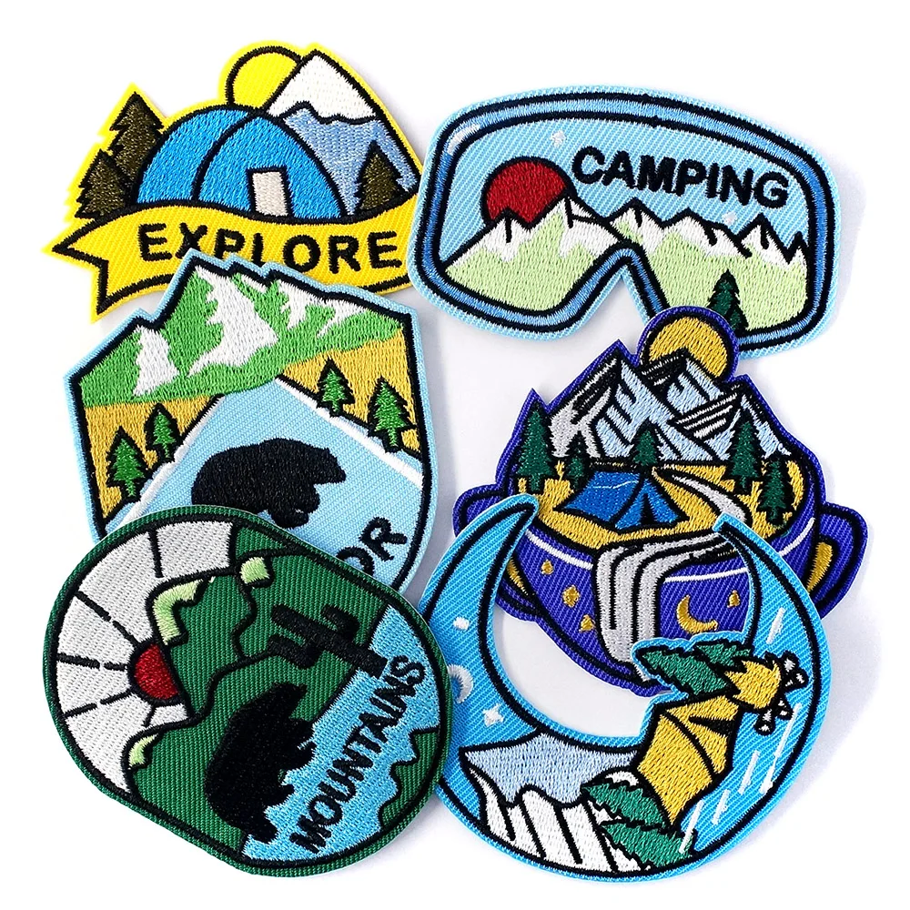 

6Pcs/Lot OUTDOOR EXPLORE Iron on Patches Cloth Embroidered Applique Sewing Clothes Apparel Accessories CAMPING MOUNTAINS