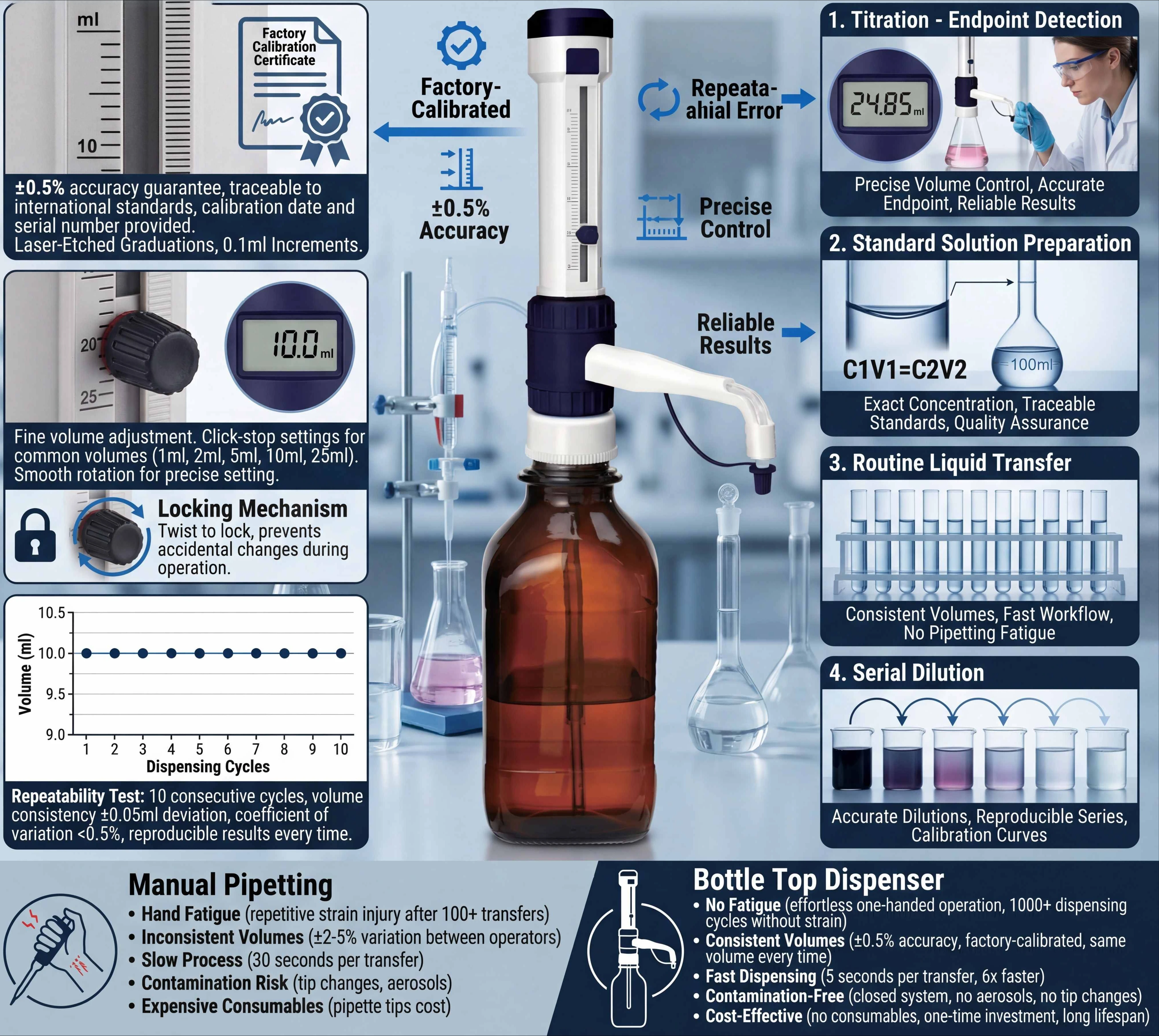 Sinosource Bottle Top Dispenser with Adjustable Volume and Multiple Adapters for Laboratory Liquid Dispensing