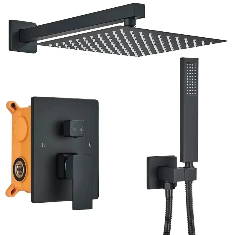 New Modern Brass Black Wall-Mounted Embedded Shower Set Single Handle Thermostatic Rain Spray Pattern Square Shower Head Ceramic