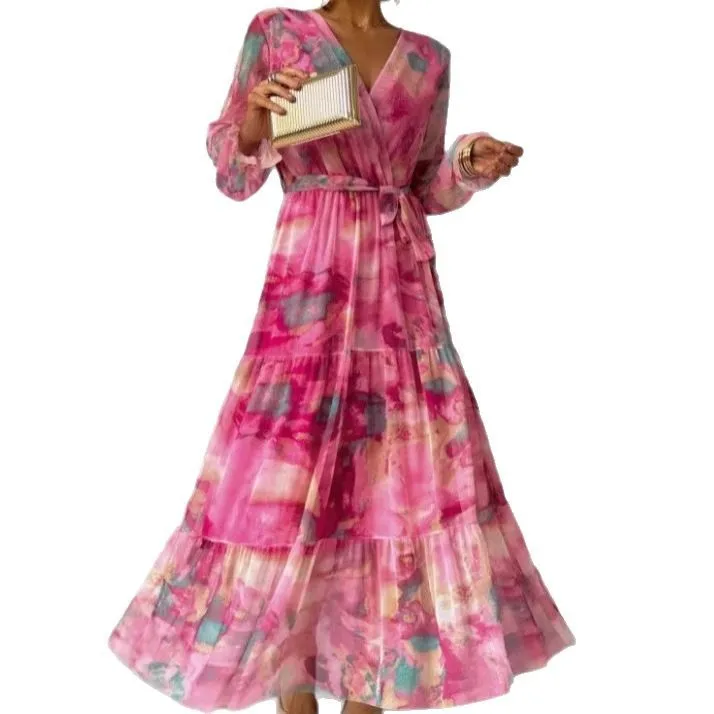 

2025 New Fashion Printed Lace-up Dress Women Summer Casual Loose Lace-up Bohemian Vacation V-neck Long Skirt For Women
