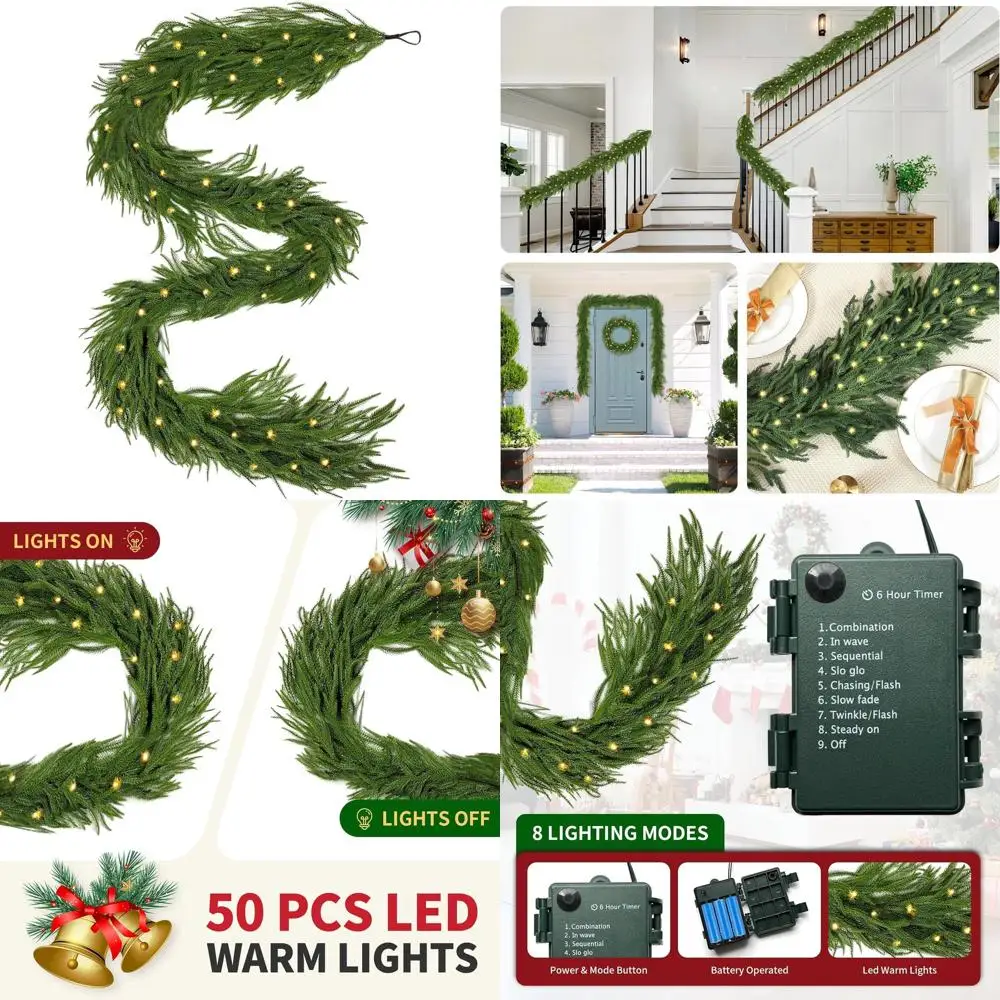 

9-Foot Realistic Artificial Cedar Garlands with Lights, Perfect for Christmas Mantel, Table, Wall Decorations - Indoor/Outdoor