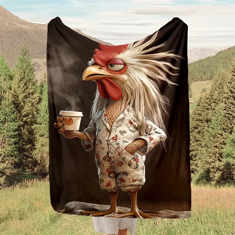 Funny Rooster In Pajamas Drinking Coffee Flannel Throw Blanket Cartoon Cool Chicken Print Soft Lightweight Blanket