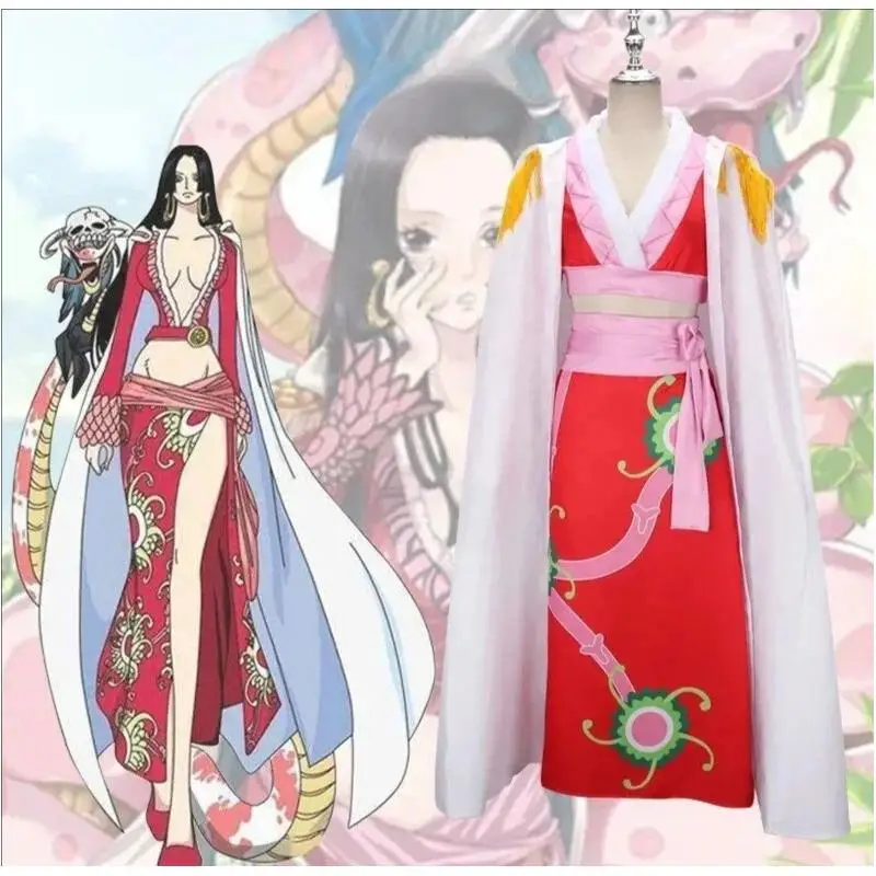 

Anime Boa Hancock Cosplay Costume Elegant Red Kimono Dress with Earrings Halloween Outfit for Women