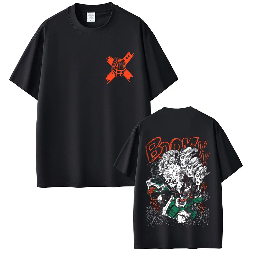 Camiseta Estampada Anime Japonês My Hero Academia, Camisetas Gráficas Y2K do Personagem Bakugou Katsuki, Camisetas Oversized de Algodão para Homens e 