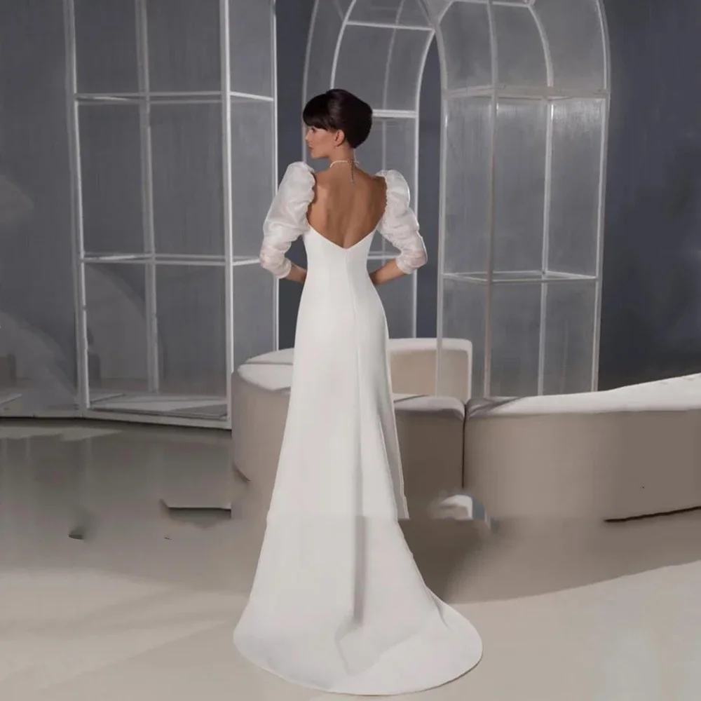 Flavinke Abiti da sposa in raso bianco con colletto quadrato elegante personalizzato 2025 Sweep Train Mezze maniche a sbuffo Abito da sposa a-line