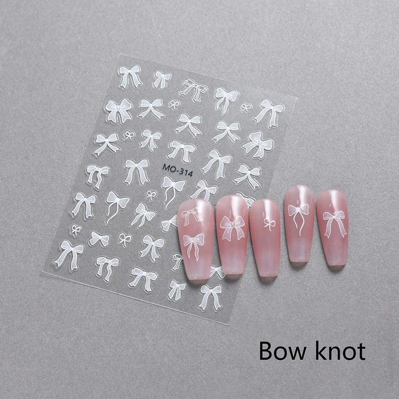 1 Sheet White Ribbon Bowknot 3D Embossed Relief Nail Art Decoration Sticker Manicure Tool Decals