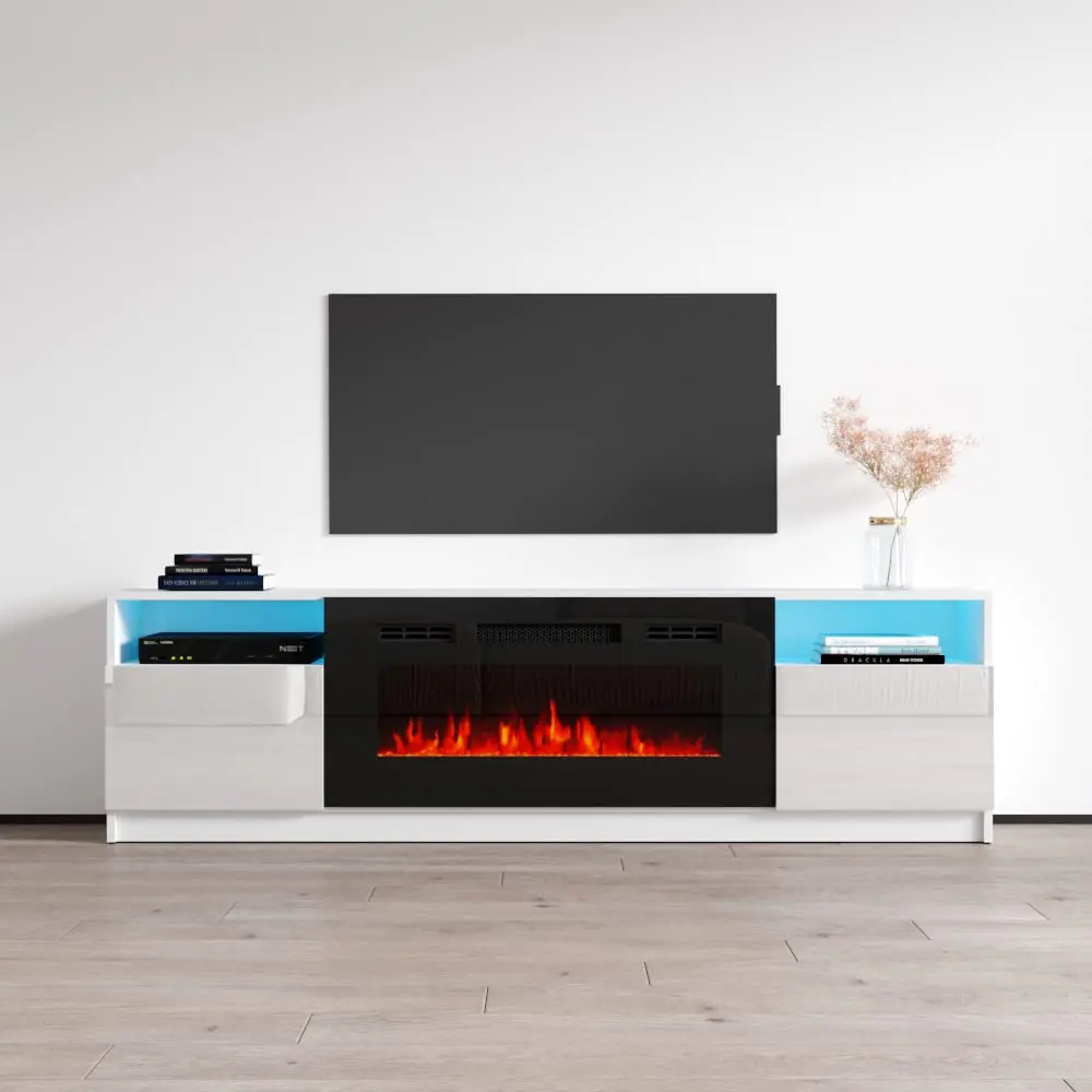 

TV Stand with Electric Fireplace - Modern High Gloss TV Stand with Storage Cabinets and Led Lights - Med