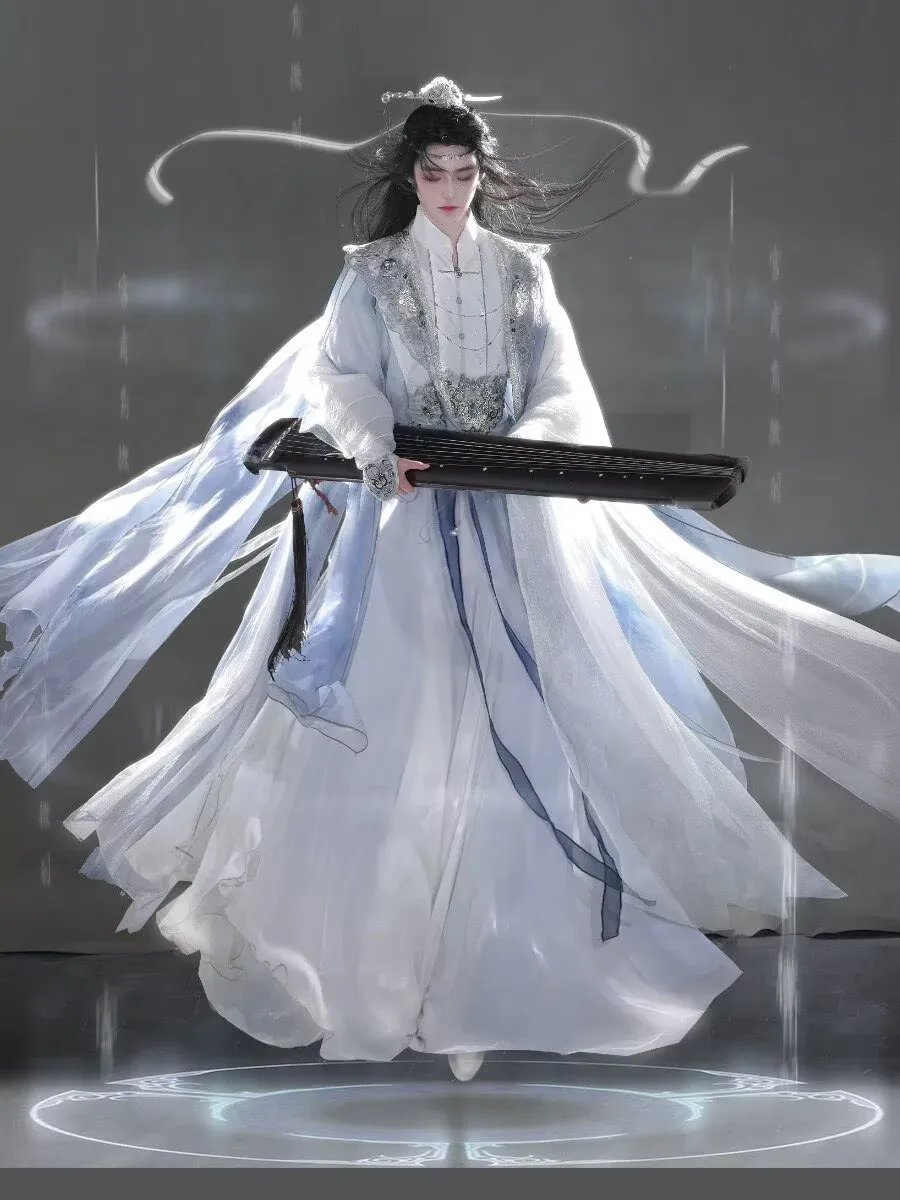 

Chinese Hanfu Men&Women Vintage Embroidery Blue-white Hanfu Suits Adult Cosplay Costume Hanfu 6pcs Suits Plus Size 3XL