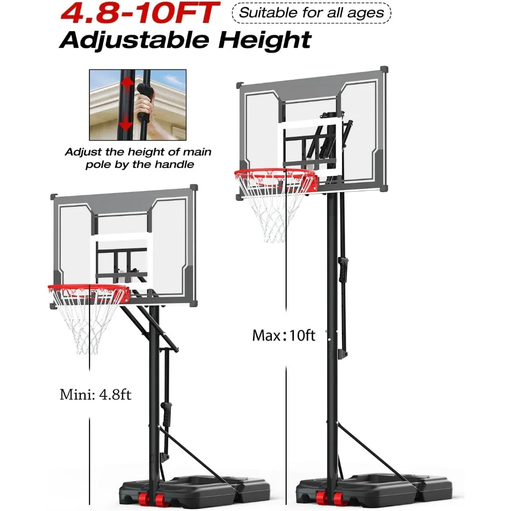 Sistema de cesta de basquete ajustável portátil - tabela inquebrável de 45", faixa de altura 4,8-10 pés para crianças brincadeiras ao ar livre