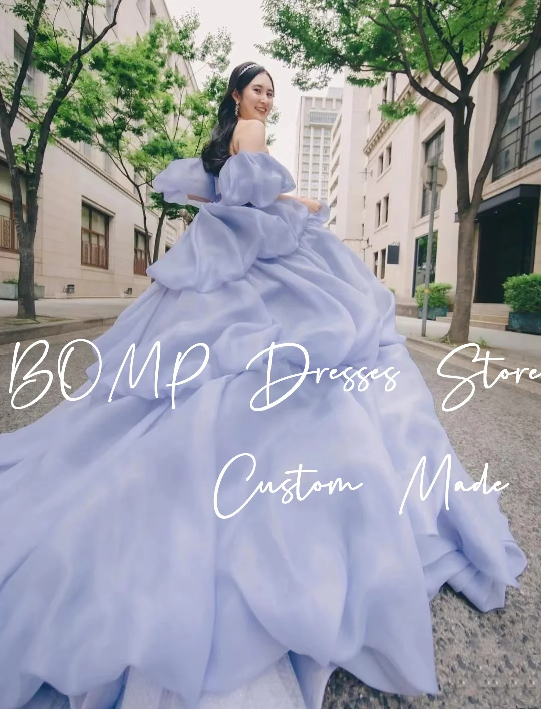 BOMP 프린세스 블루 웨딩 드레스 오프 숄더 다층 스윕 트레인 드레이프 Organza 한국 사진 촬영 신부 가운 맞춤형