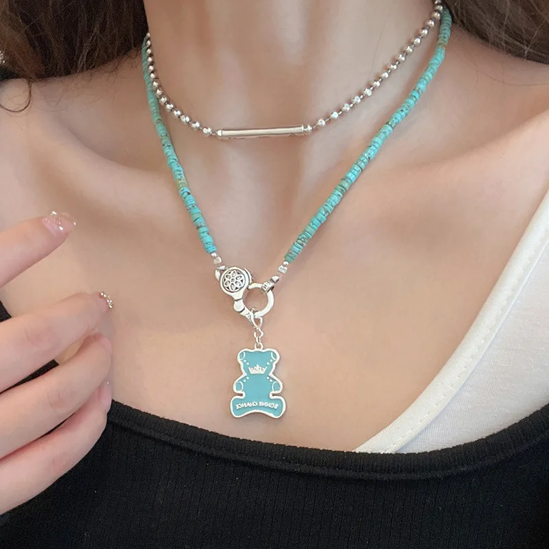 TZgram 925 Sterling Silver Natural Turquoise Necklace Long Bead Chain For Women Green Stone Bear Enamel Pendant Delicate Jewelry