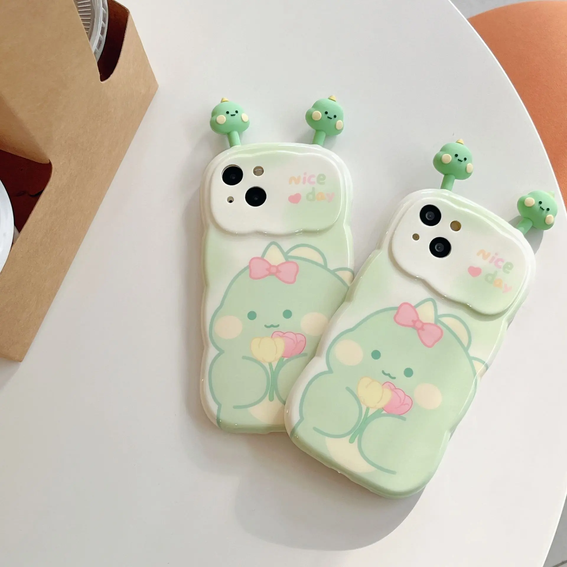 

Cute Cartoon Dinosaur With Ears Phone Case For iPhone 14Plus 12 13 14 15Promax 11 Wavy Border Non-slip All-wrap Protective Cover