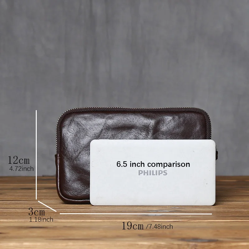Vintage Genuine Leather Wallet for Men and Women, Head Layer Cowhide, Leisure Mobile Phone Bag, Bank Card Zipper, Wrist Wrap