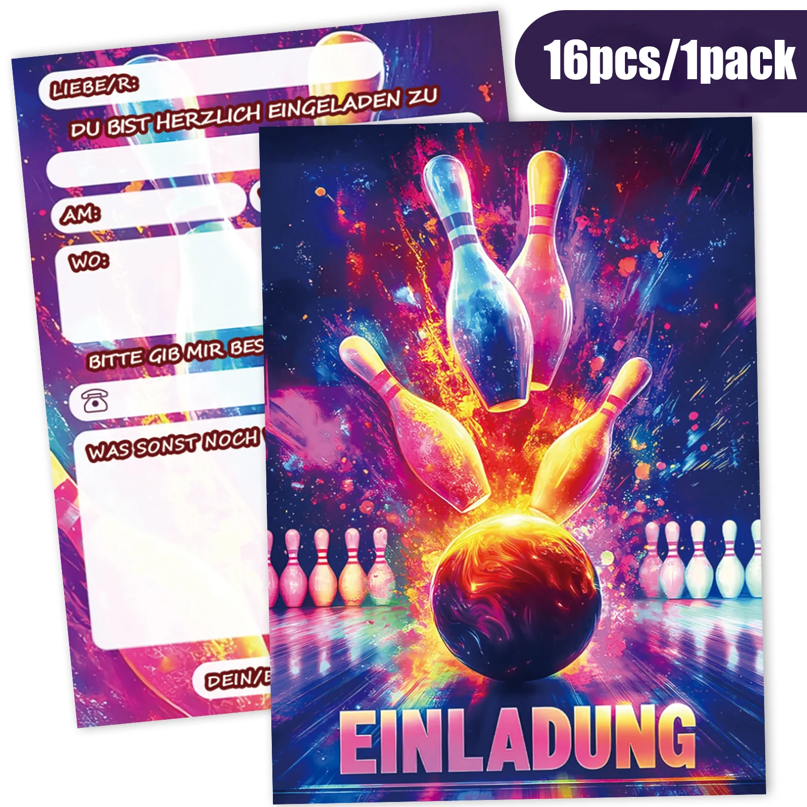 16 Stück Aquarell-Bowling-Einladungskarten, Mottoparty-Einladungen, Geburtstagsparty-Dekorationen, geeignet für den Einladung in der Schule