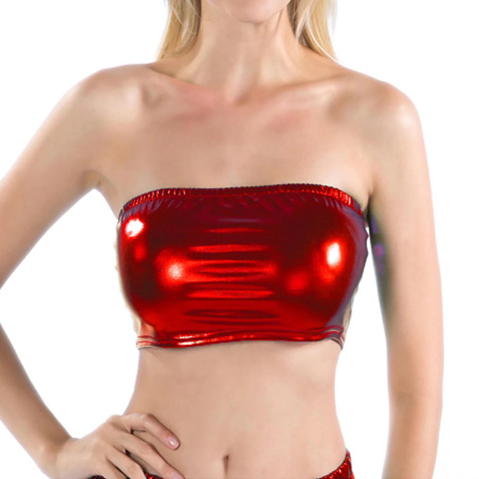 Neues modisches Damen-Bandeau-Unterhemd aus PU-Leder mit elastischem Bund ohne Brustpolster, schicke Party-, Club- und Bühnenauftritts-Kostüme – Detail 2