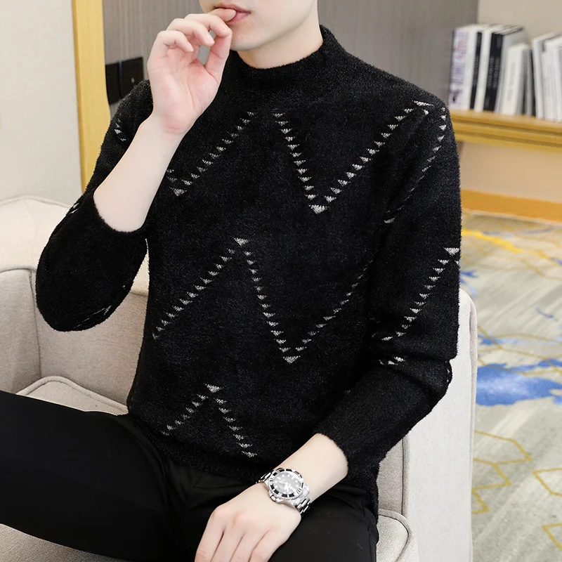 GIOIO men's sweater, half-high collar geometric pattern sweater, autumn and winter casual bottoming sweater