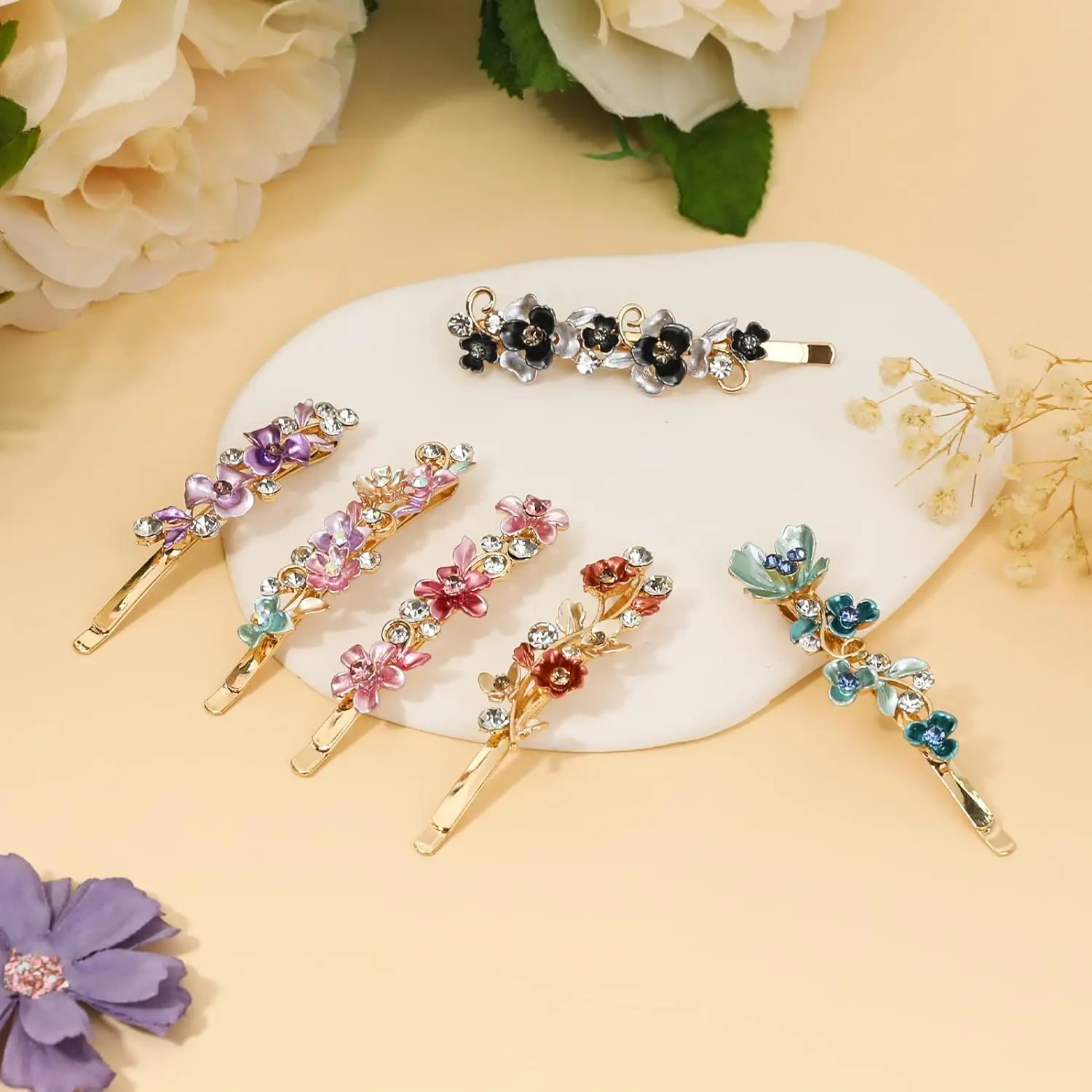 Vintage Rhinestone Flower Hair Clip Colorful Metal Floral Crystal Party Hair Barrettes Ponytail Hair Accessories For Women Girls