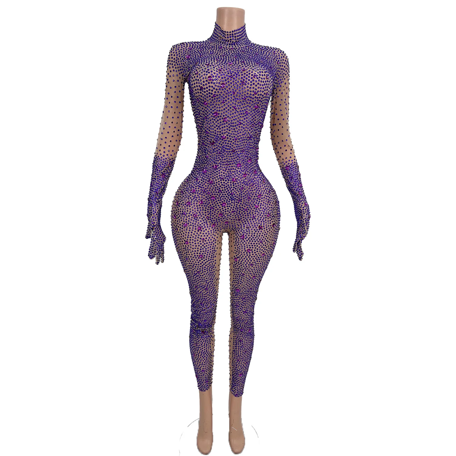 

Sparkling Diamond Jumpsuit Gymnastics Acrobatics Performance Pole Dance Costume Theme Party Tight Pants with Gloves shuzuanliant