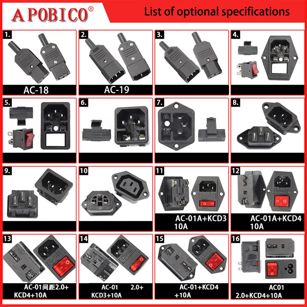 IEC320 C14 Electrical AC Socket 3 pin red LED 250V Rocker Switch 10A fuse female male inlet plug connector 2 pin socket mount