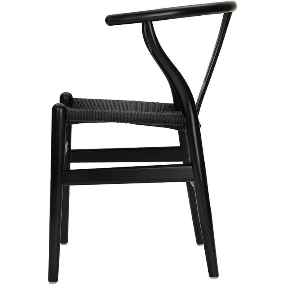 كراسي Y من الخشب الصلب على طراز منتصف القرن مع مساند للذراعين، مجموعة من 2، لمسة نهائية من الخشب الأسود، وسادة مقعد من القنب