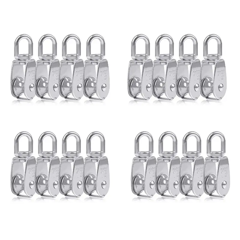 AB11-16PCS Single Pulley Block M15 Stainless Steel Small Pulley Roller For Rope Cord In Outdoor 360°Swivel Silver Pulley