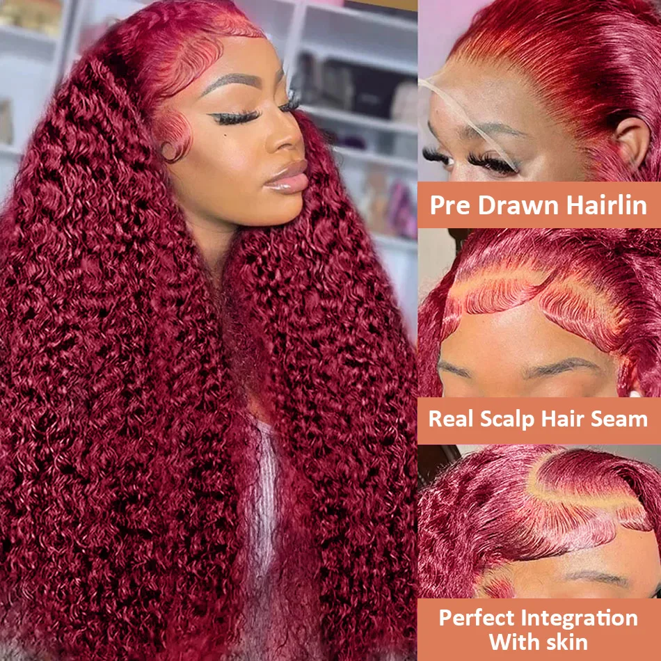 30 40 Inch 99J Burgundy HD Lace Front Wig 13X4 Red Curly Human Hair Wigs 13X6 Human Hair Colored Deep Wave Frontal Wig For Women