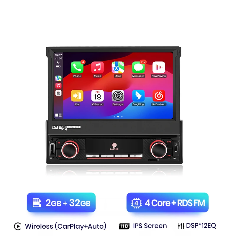 Junsun 7 "Automatisch intrekbaar IPS-aanraakscherm Universeel 1 Din Draadloos CarPlay Android Auto Stereo Radio GPS-navigatie
