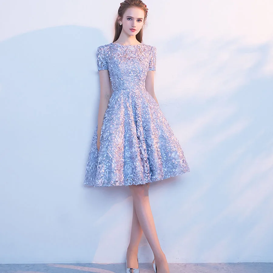 Sky Blue Short Prom Dresses Slim Fit Bridesmaid Off The Shoulder Short Sleeve O-Neck A-Line Birthday Elegant Evening Party Gown