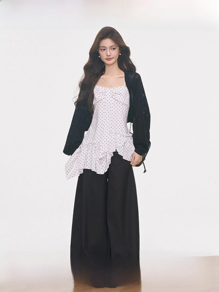 

Корейские вязаные брюки-кюлоты для подружек невесты с вырезами, женские, с широкими штанинами, на бретельках, в горошек, повседневные, дышащие, из смесового хлопка