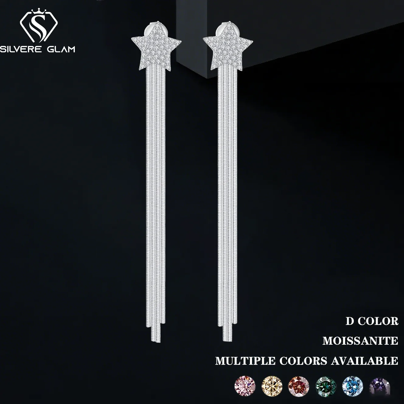 TY S925 Sterling Silver Moissanite Tassel Stud Earrings for Women Bohemian Style Wearable Two Ways, Star and Meteor Ear Jewelry