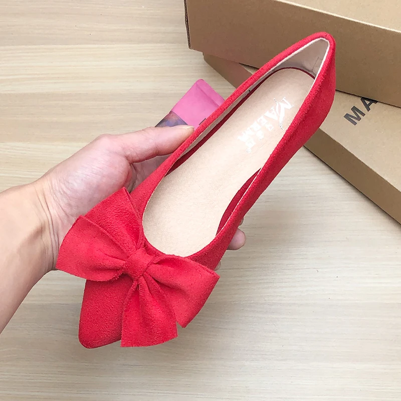 Women Flats for Summer Rosy Red Hot Pink Flat Heels for Ladies Nice Quality Small Size 33 Big Size 43 Solid Color Flock Leather