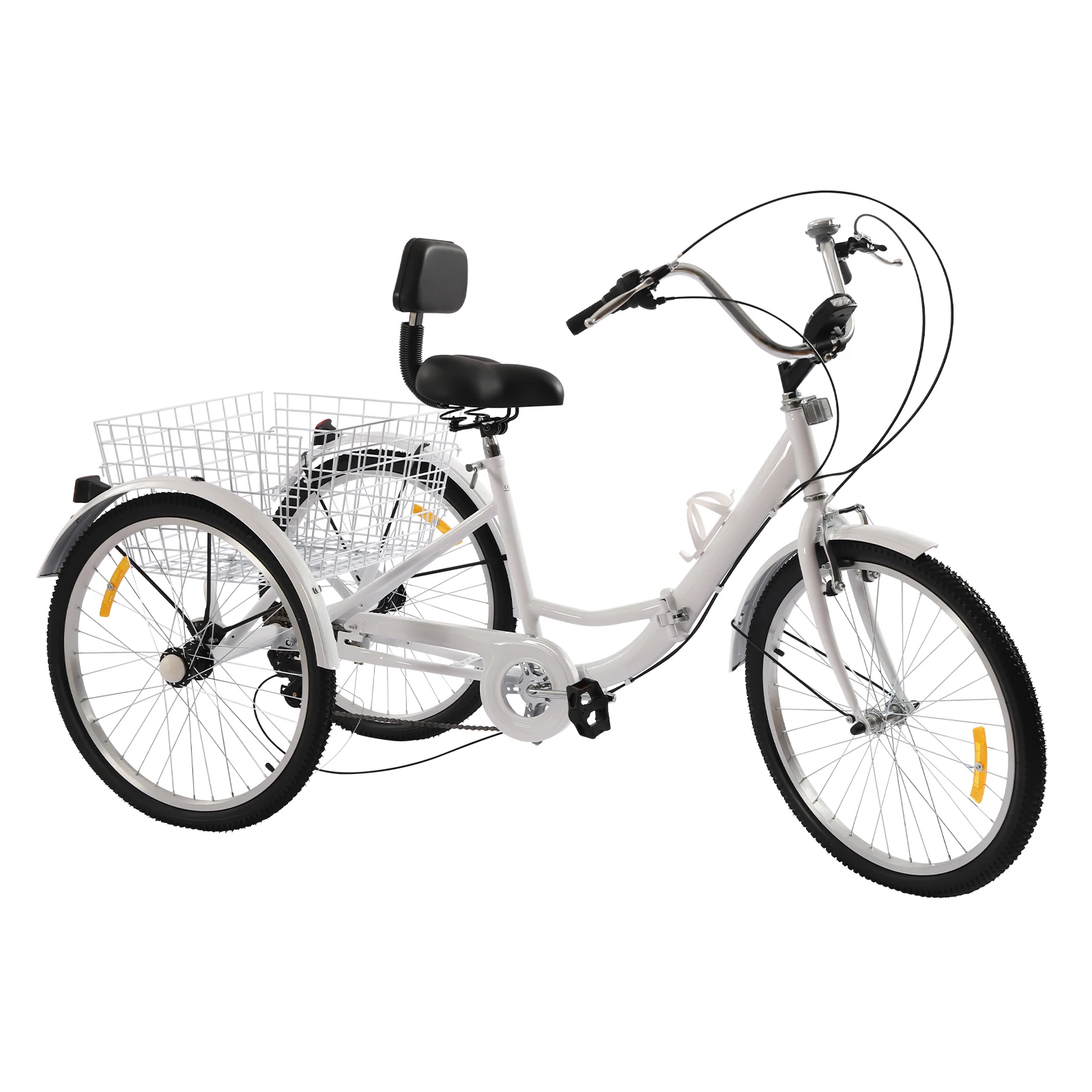 24 Inch Folding Tricycle White Foldable Three-wheeled Bicycle with Basket LED Light 7-speed Gears Adult Tricycle