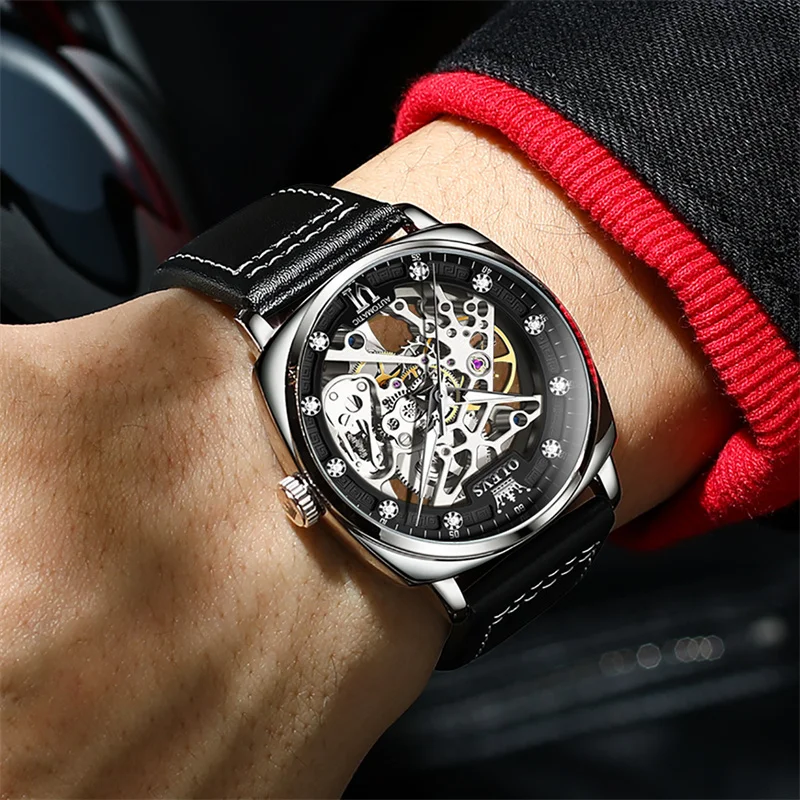 New OLEVS Top Luxury Fashion Watch Waterproof Mens Skeleton Square Dial Automatic Mechanical Wristwatch Relogio Masculino