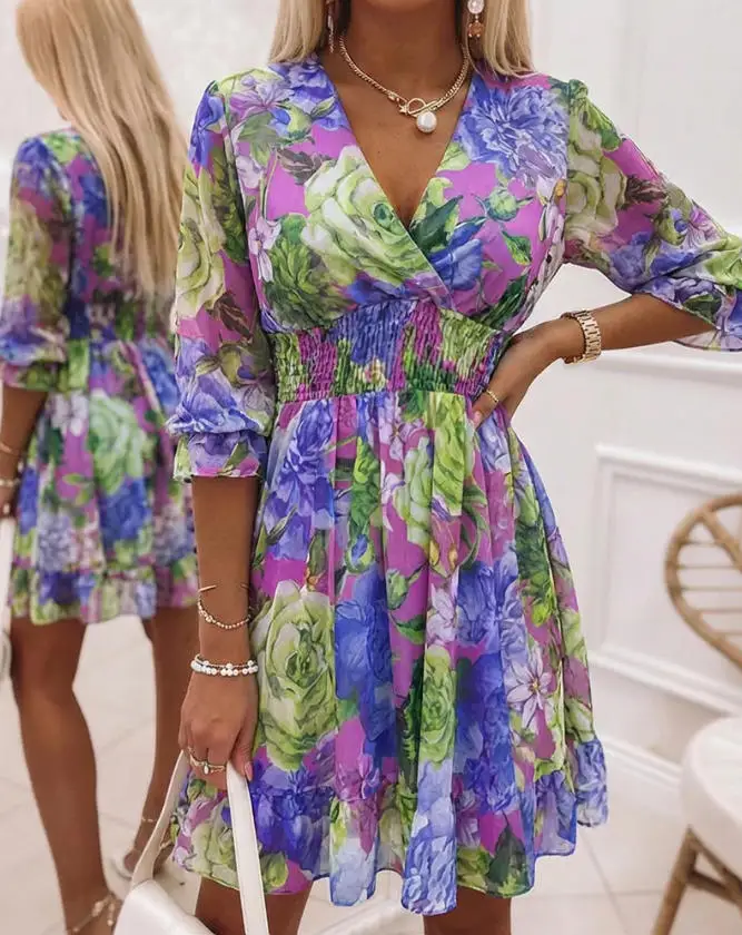 

V-Neck Three-Quarters Sleeve Pleated Waist with Ruffled Hem Dress